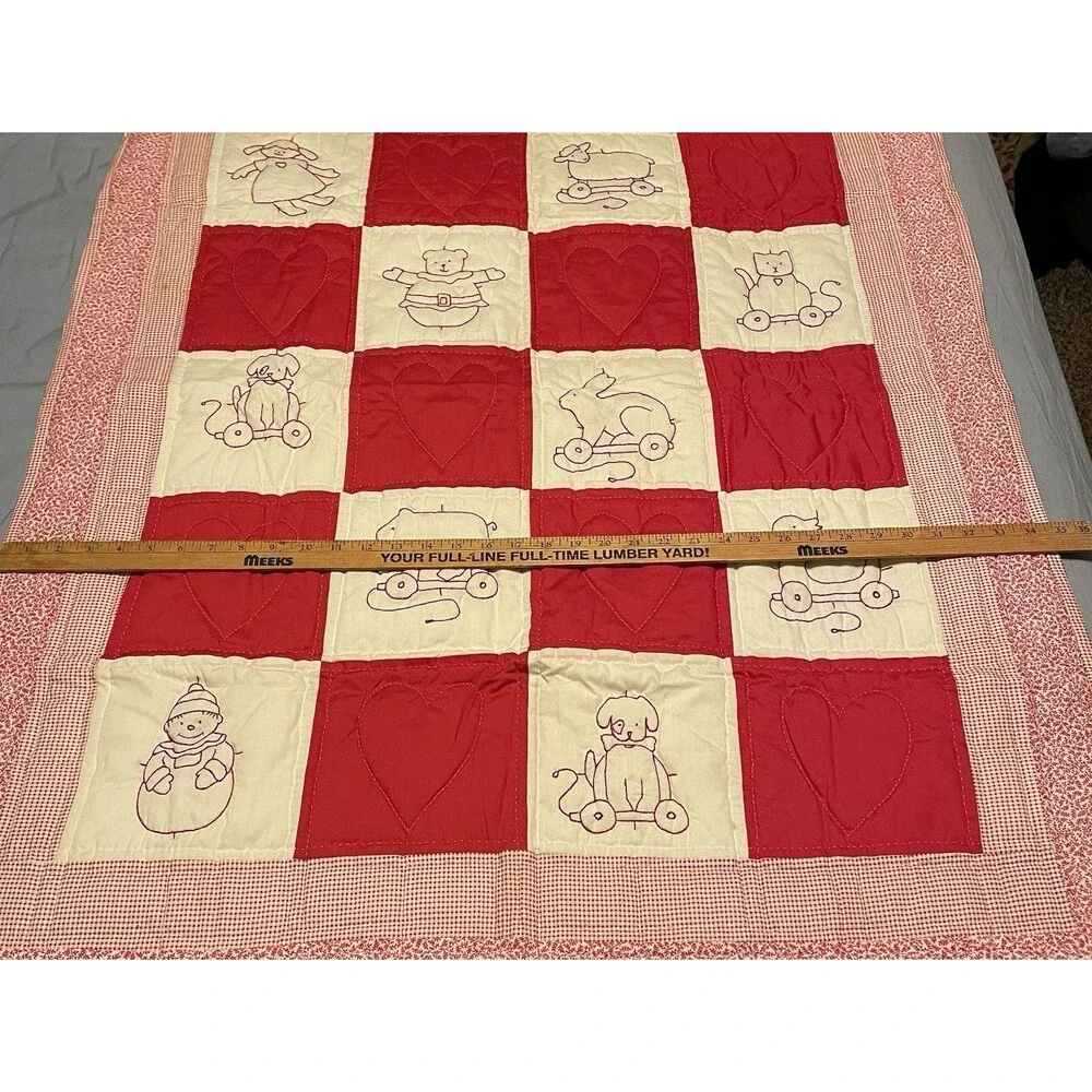10 Panel Embroidered Gingham Heirloom Quality Baby Blanket Quilt 43.5 X 34.5”